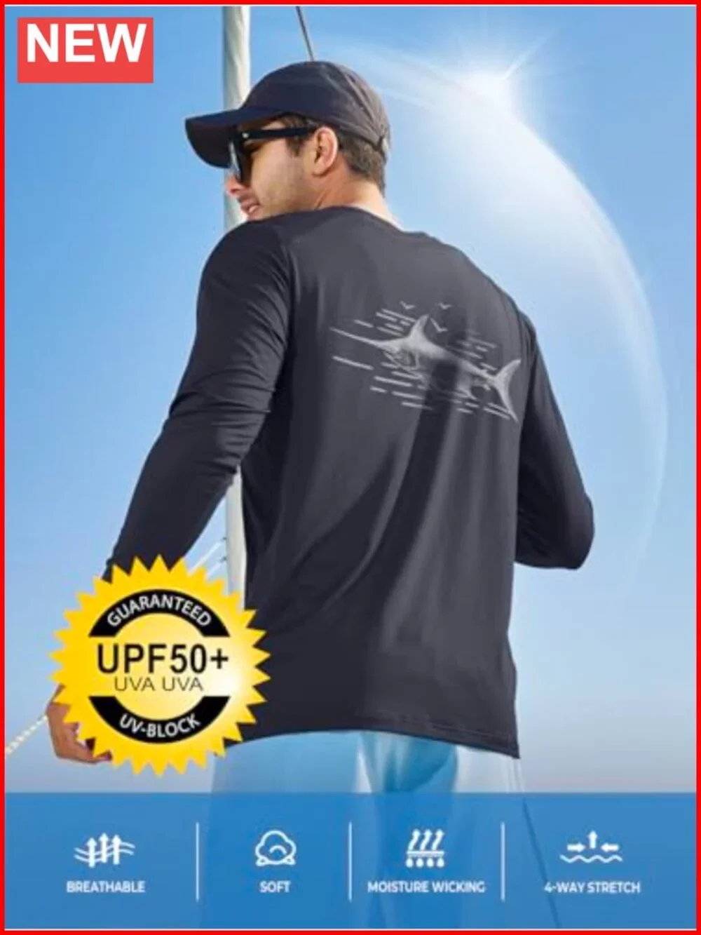 Men's UPF 50+ Long Sleeve Rash Guard Shirt with Mesh Back - Quick Dry Swim UV